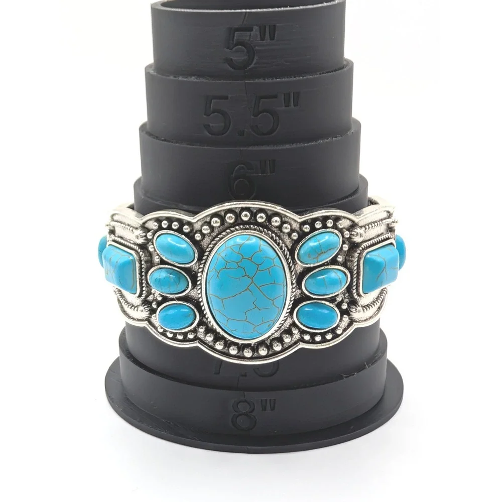 Boho Turquoise Style Cuff Bracelet Silver Tone Southwestern Statement Bangle